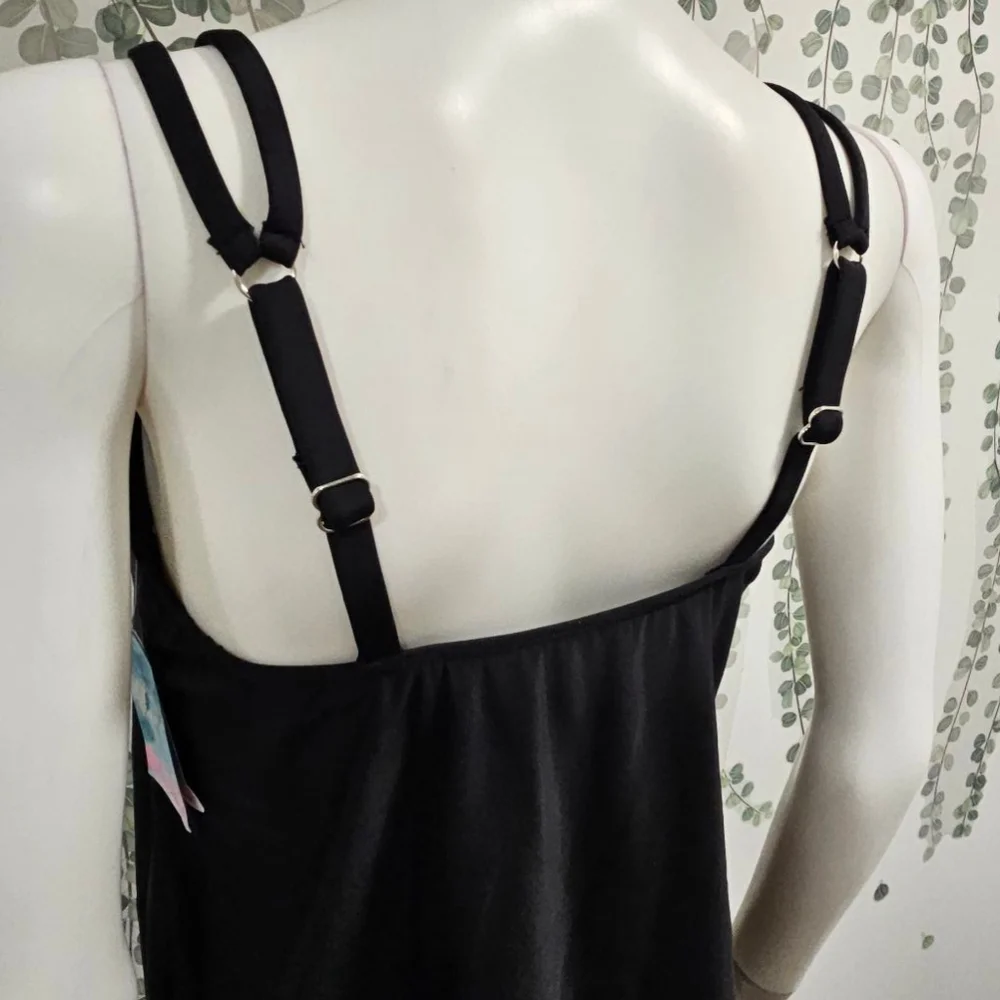SWIM SOLUTIONS Black Pleated Adjustable Scoop Neck Tankini Swimsuit Top Sz 12 - Picture 10 of 12